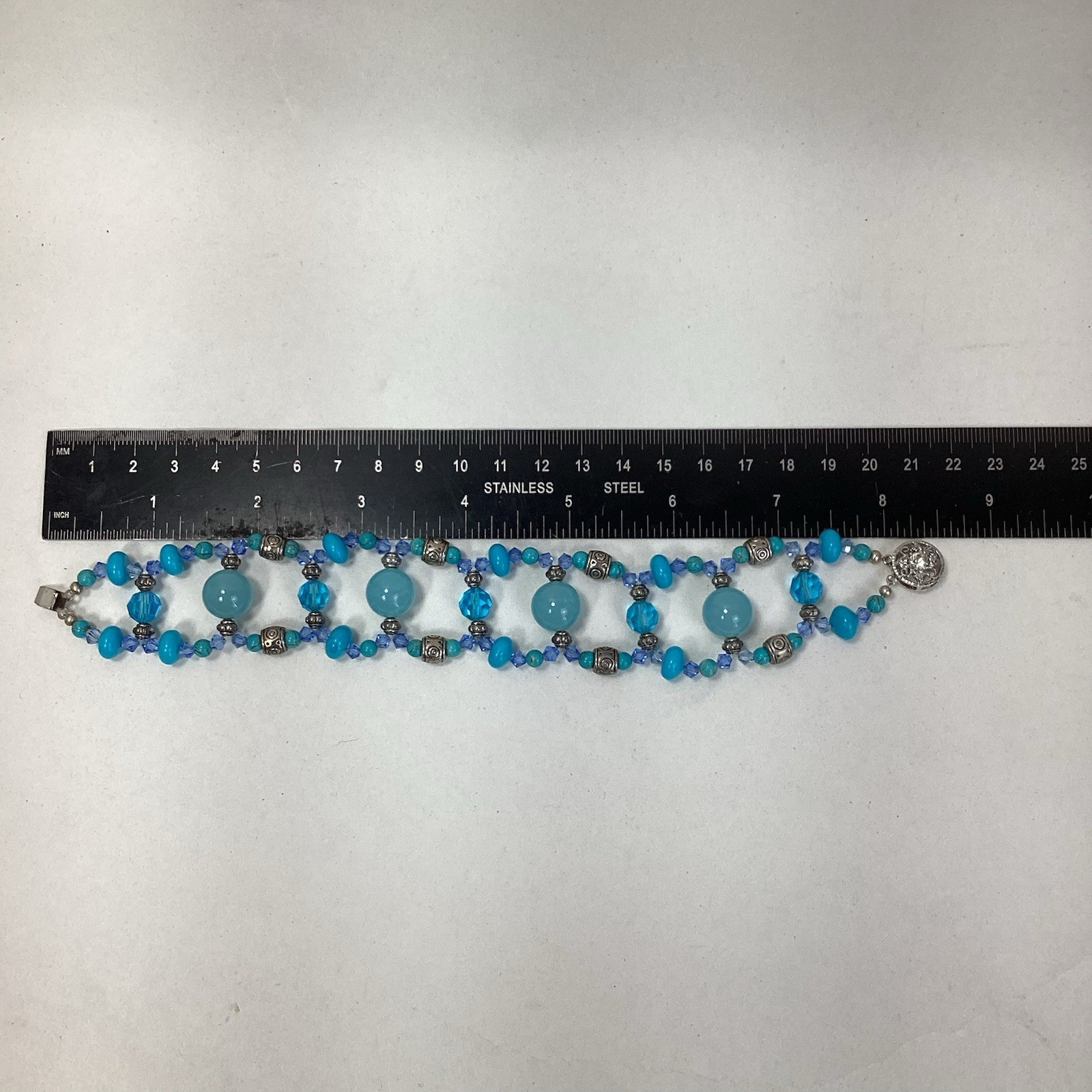 Turquoise Beaded Bracelet 8 Inches Long Push Lock Clasp Handmade Item #2