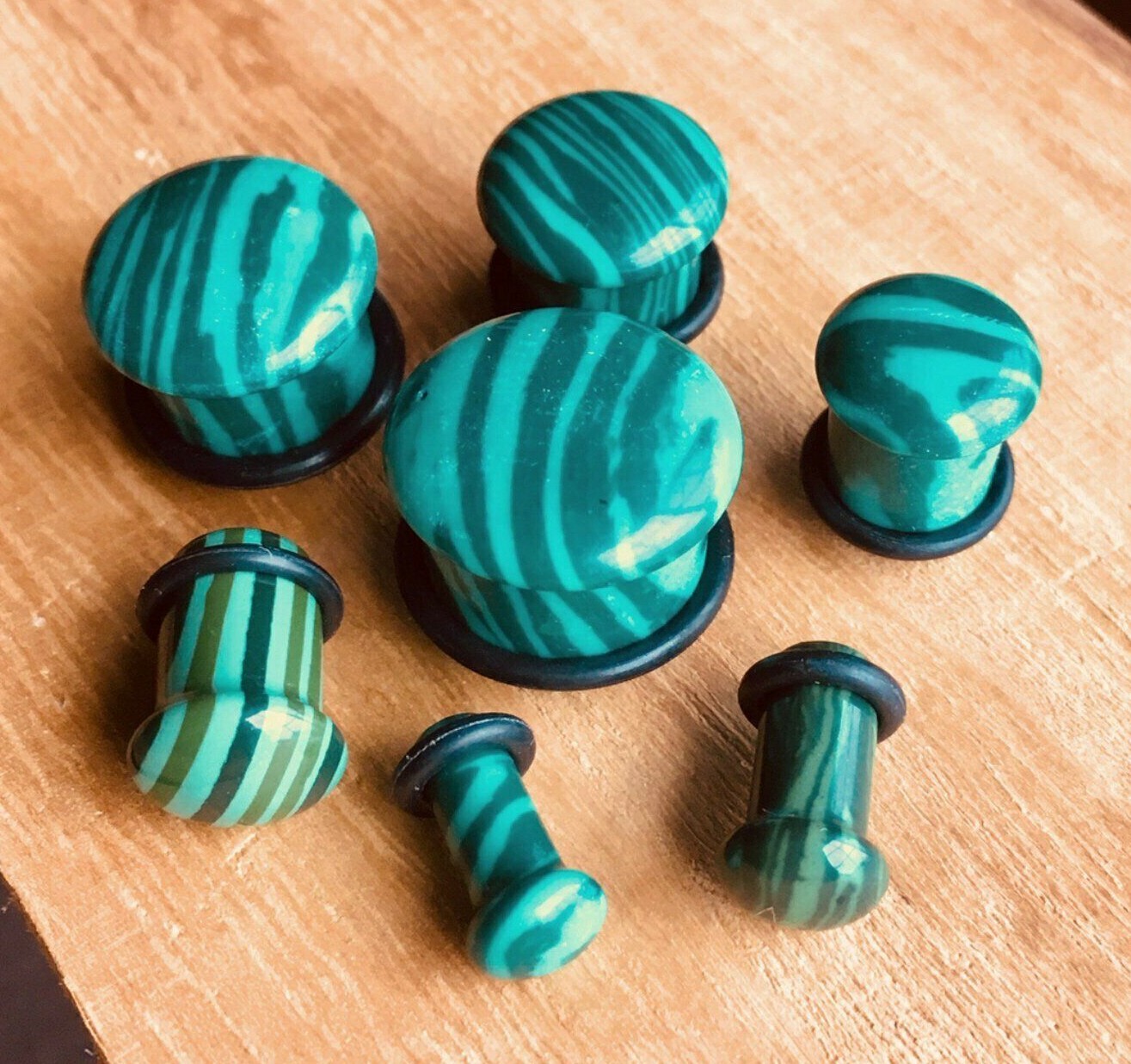 PAIR Single Flare Malachite Stone Plugs Gauges Earlets Body Jewelry