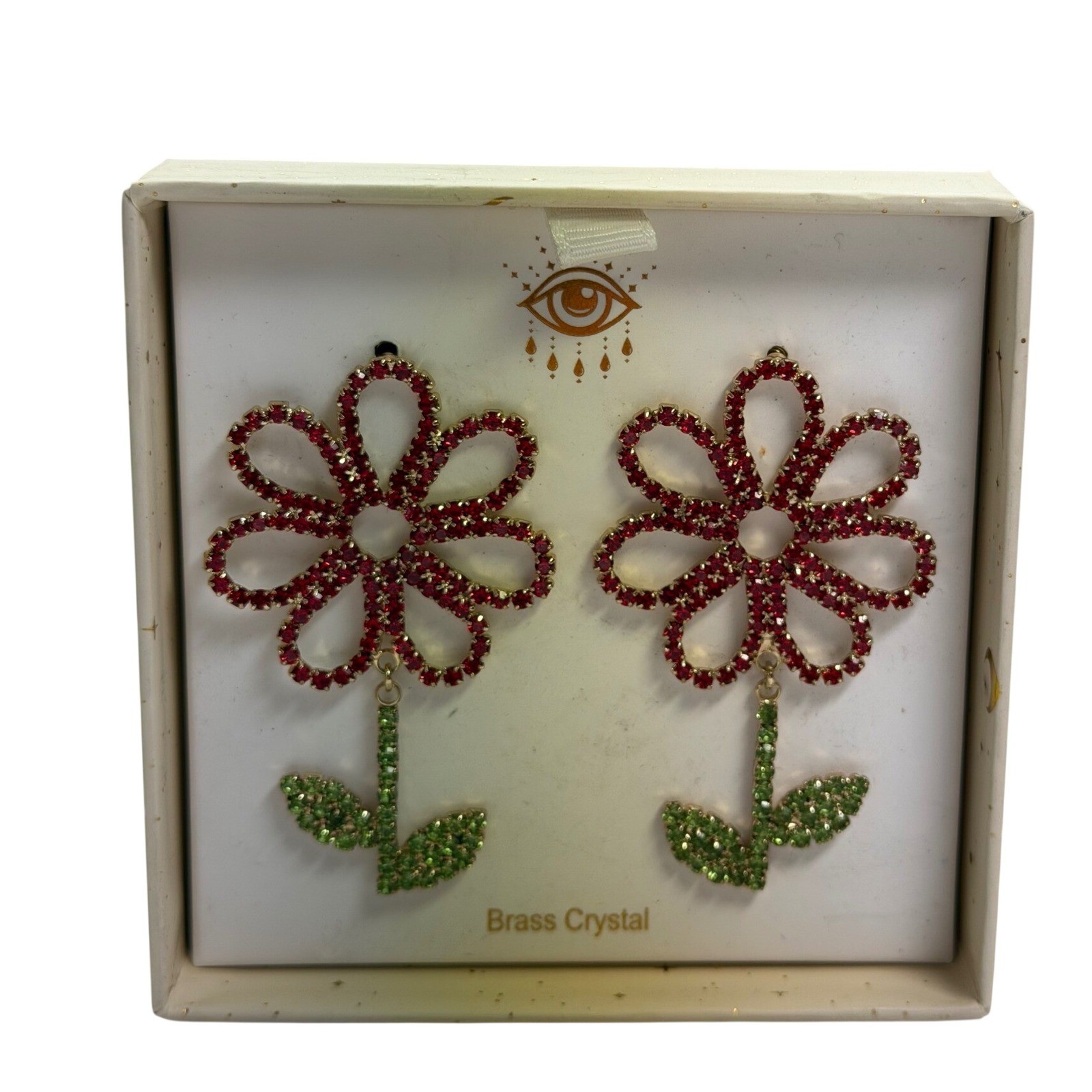 Red Green Crystal Flower Drop Earrings Brass Daisy Floral Statement Jewelry