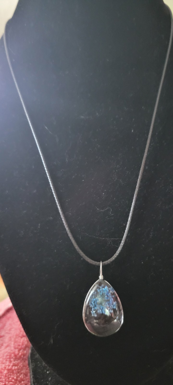 Handcrafted Teardrop Glass Tree Pendant Necklace Black Cord Lobster Clasp