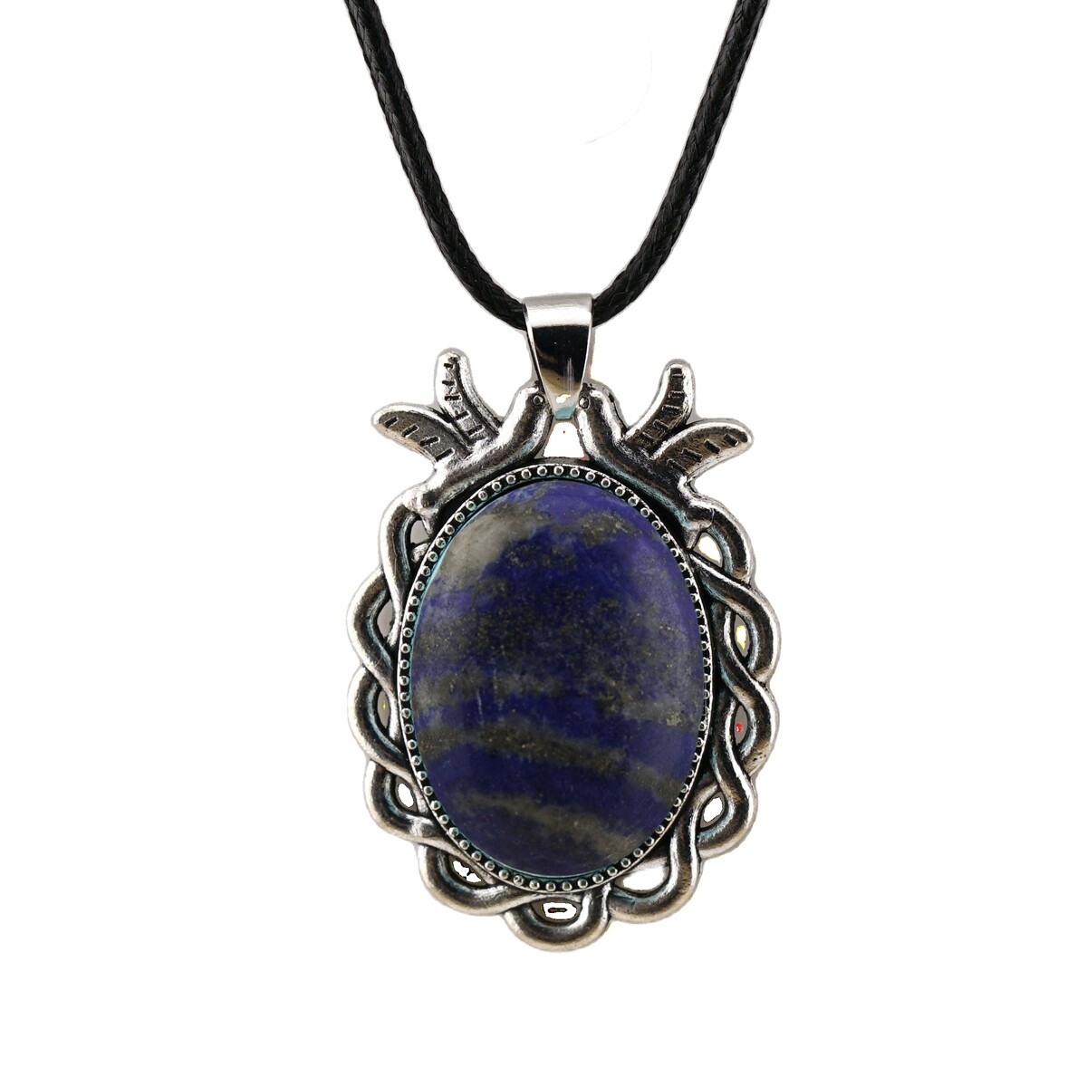 Natural Gemstone Oval Pendant with Lace and Bird Feather Wrapped Necklace