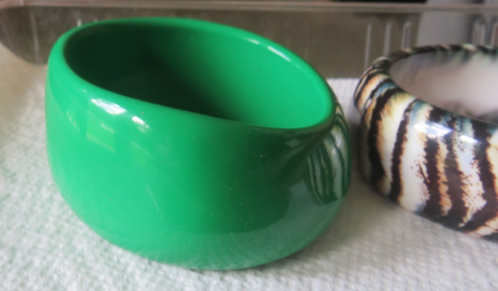 Lot of 2 Bangle Bracelets Green Plus Black Brown White Animal Look Chunky