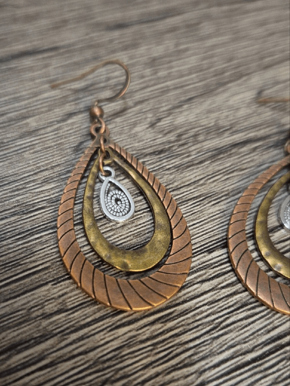 Copper and Brass Teardrop Dangle Earrings with Silver Accent