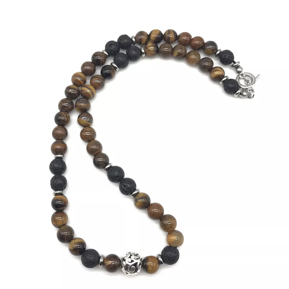 Men’s 8mm Natural Tiger Eye Lava Bead Necklace Stainless Steel Toggle 18/20/24″