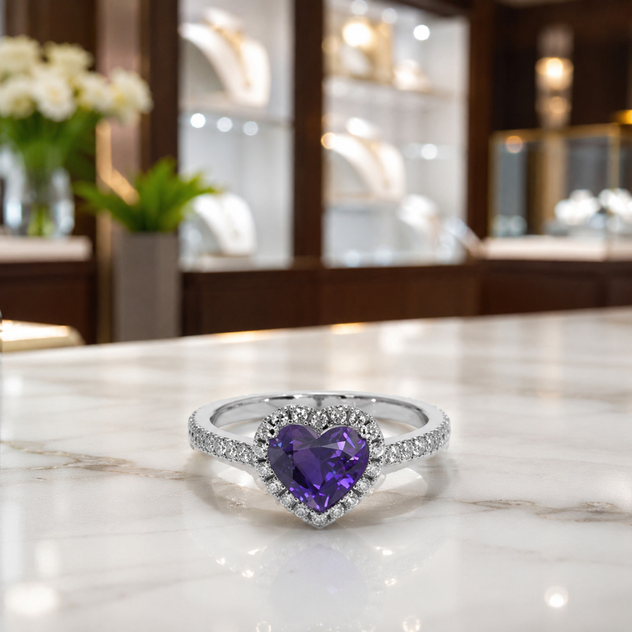 Natural Amethyst & Diamond Wedding Gift Ring 14k White Gold Sz 7 (Import Free)
