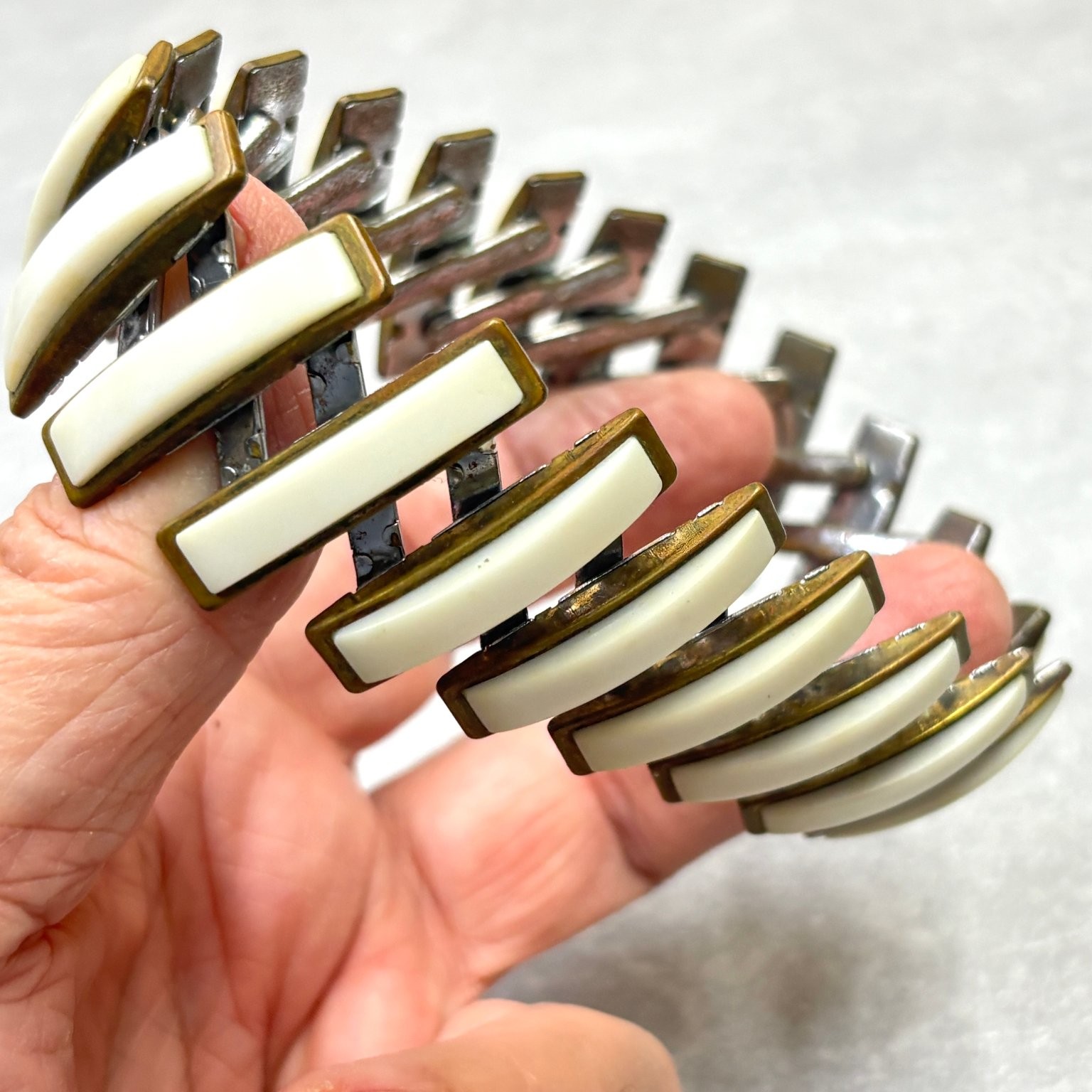 Stretch Panel Bracelet Cream Resin Bronze Tone Geometric Flexible