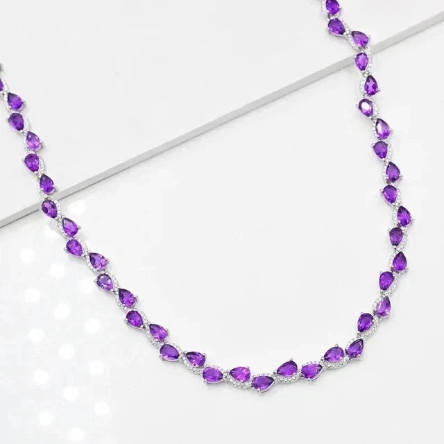 15CT Pear Cut Lab Created Amethyst Women’s Tennis Necklace 14K White Gold Plated