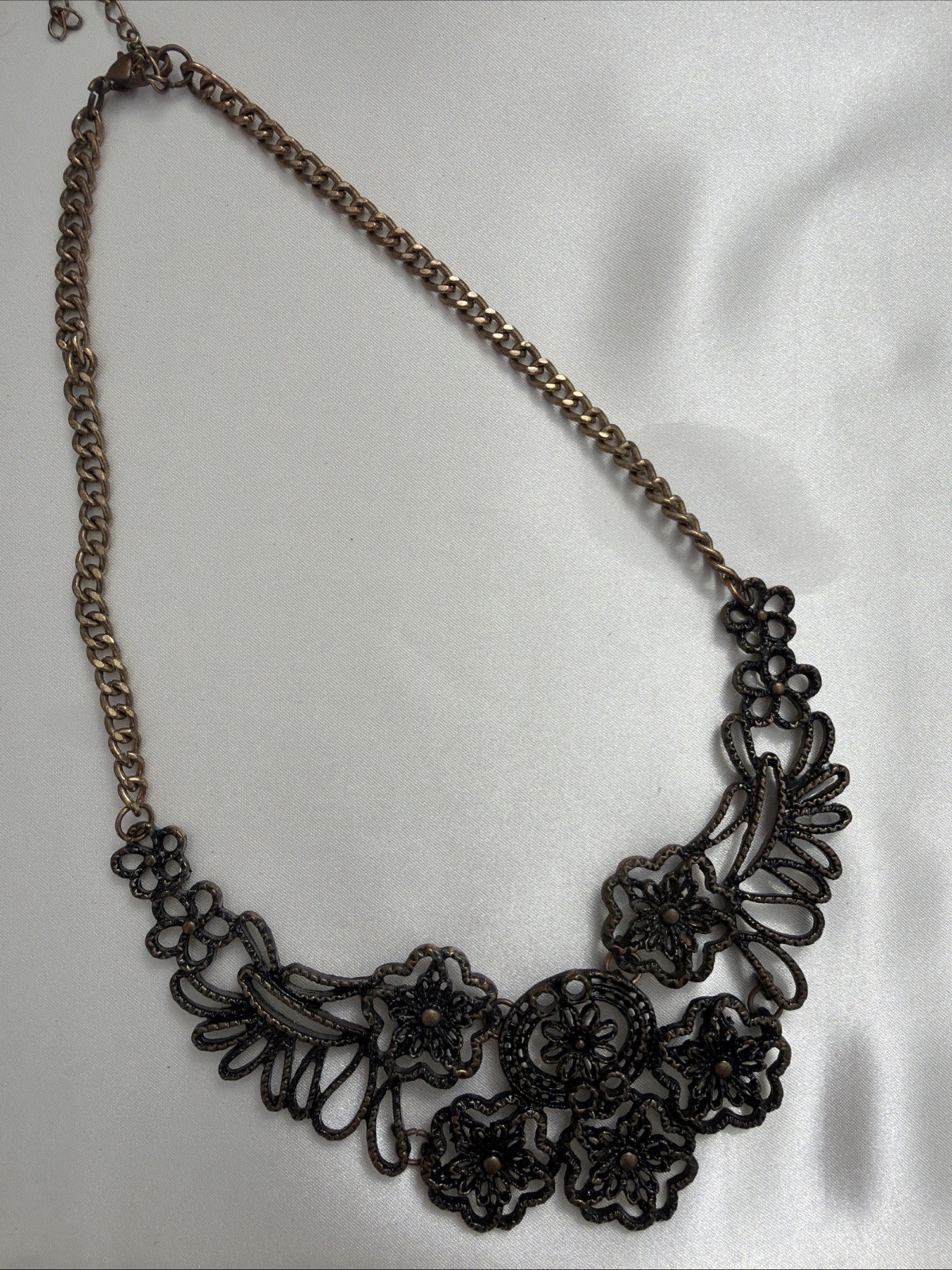 Vintage Style Bronze Filigree Floral Bib Necklace Statement Boho Cottagecore