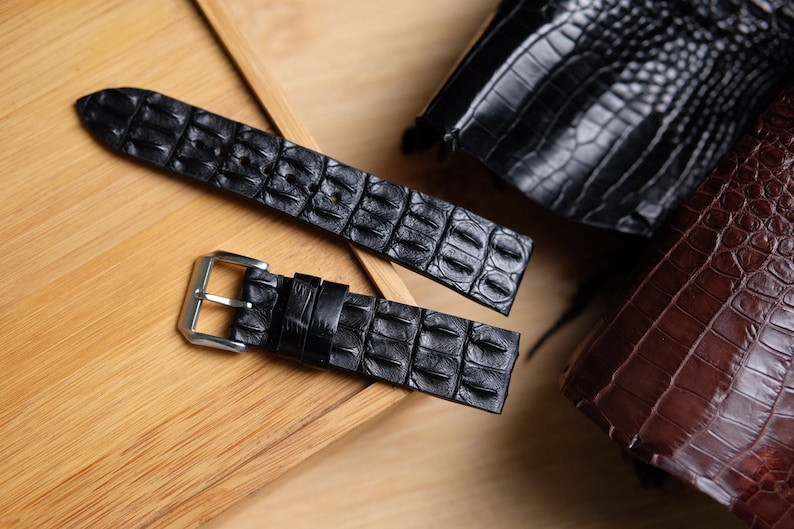 Black Leather Hornback Watch Strap Silver Buckle Custom Watch Band Handmade