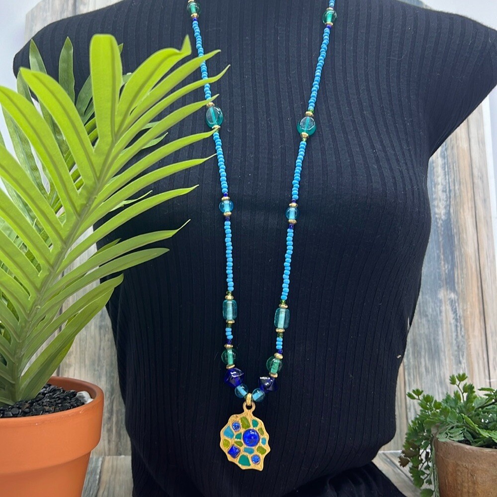 Vintage 90’s QVC Robert Rose signed blue bead long boho style pendant necklace