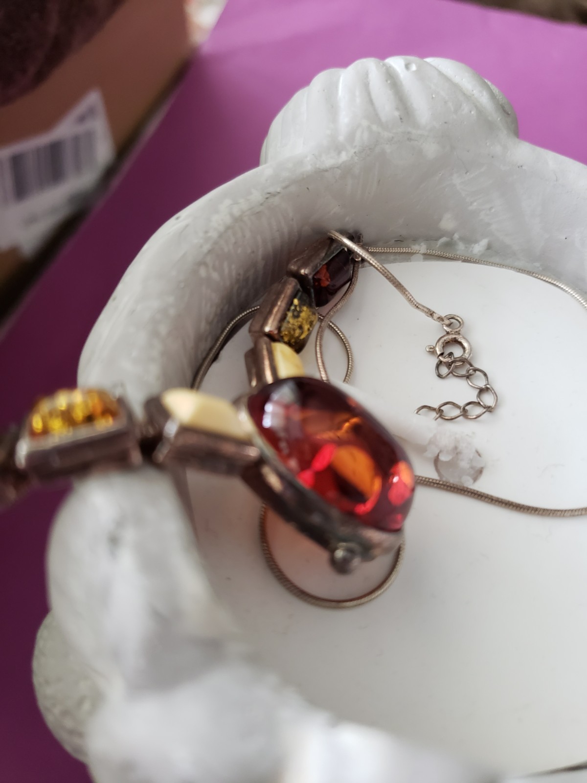 Vintage Baltic Amber Y Drop Necklace 925 Sterling Silver with other stones FAB!