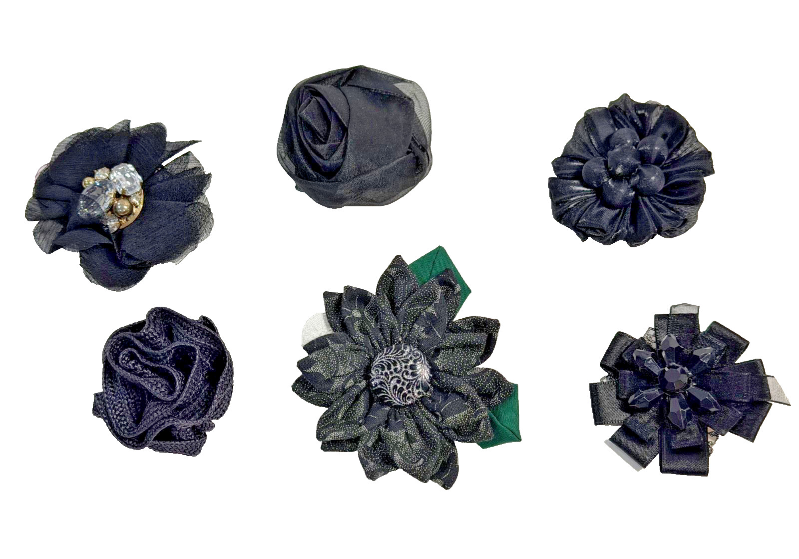 Lot of 6 Black Fabric Flower Brooches Handmade Upcycled Ribbon Lace Pins