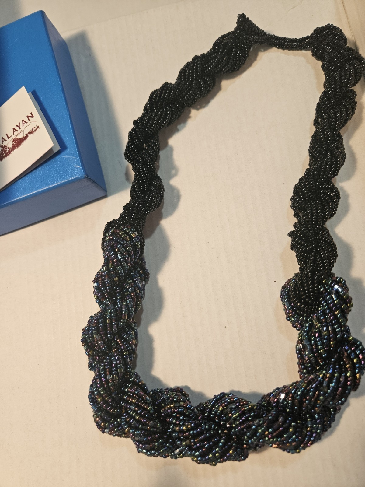 Himalayan Gems Andrew Stone Twisted Peacock Iridescent Seed Bead Necklace NEW