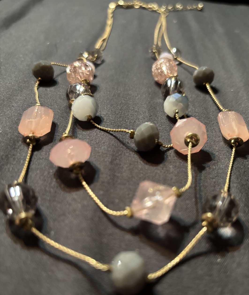 NY Rose Gold Pink Acrylic Triple Strand String Beaded Chain Necklace