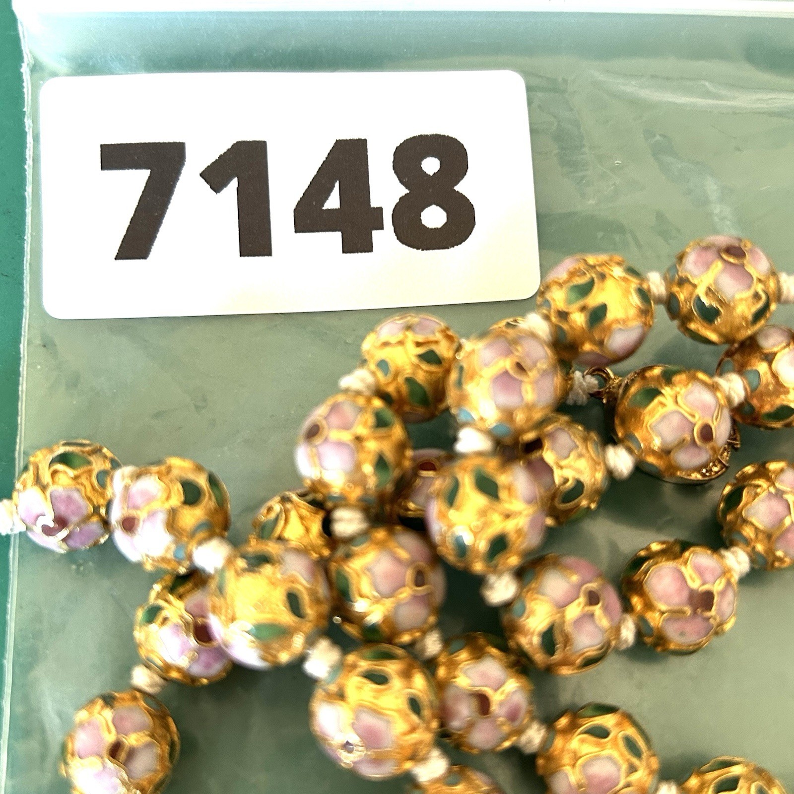 Vintage Chinese Export Cloisonne Enamel Bead Necklace Gold Tone Floral 26”