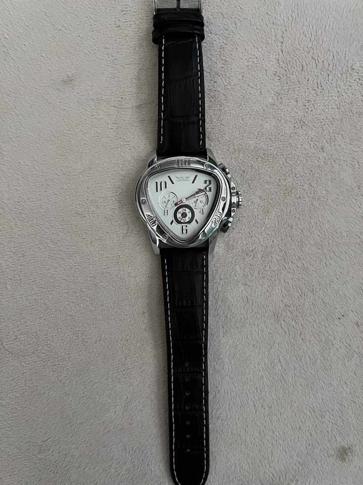 JARAGAR A516 Automatic Tonneau Silver Case White Dial Black Leather Strap