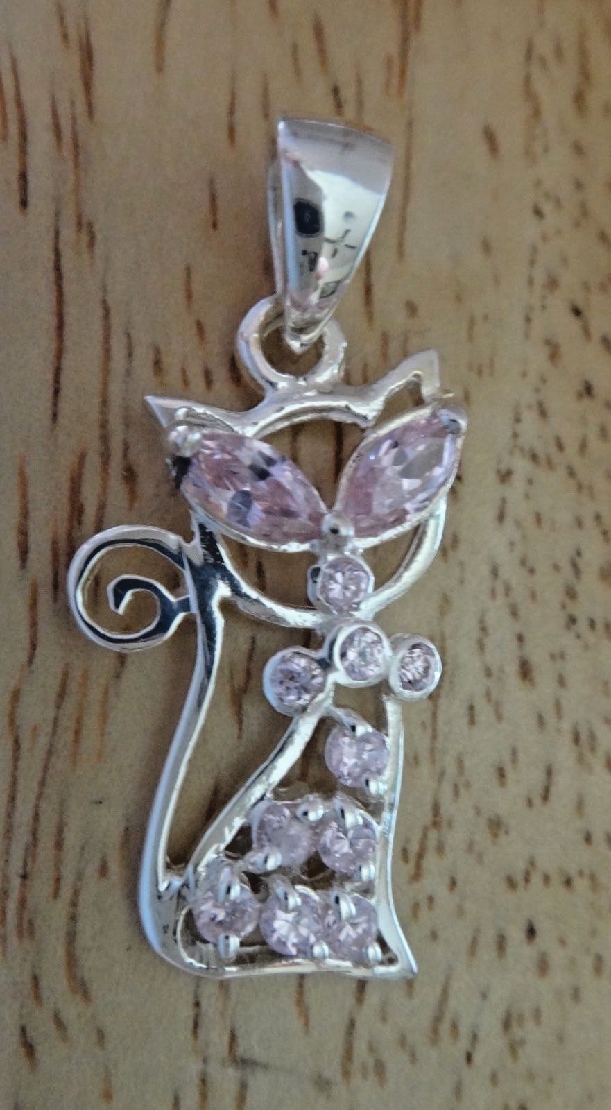 Sterling Silver 30x15mm Sitting Cat with light Pink Crystals Charm Pendant