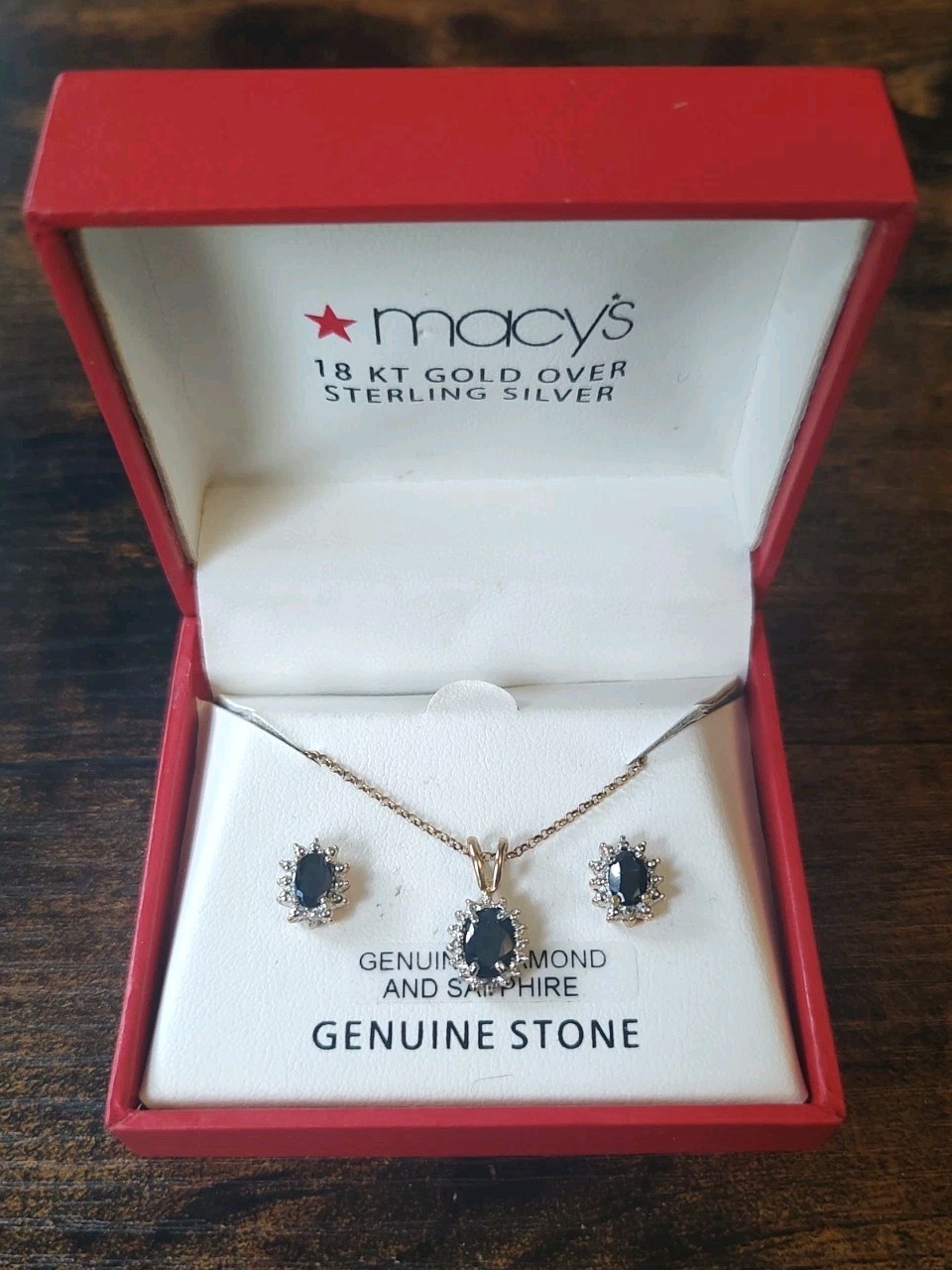 Macy’s genuine Sapphire & Diamond Halo Pendant Necklace Stud Earrings Set w/ Box