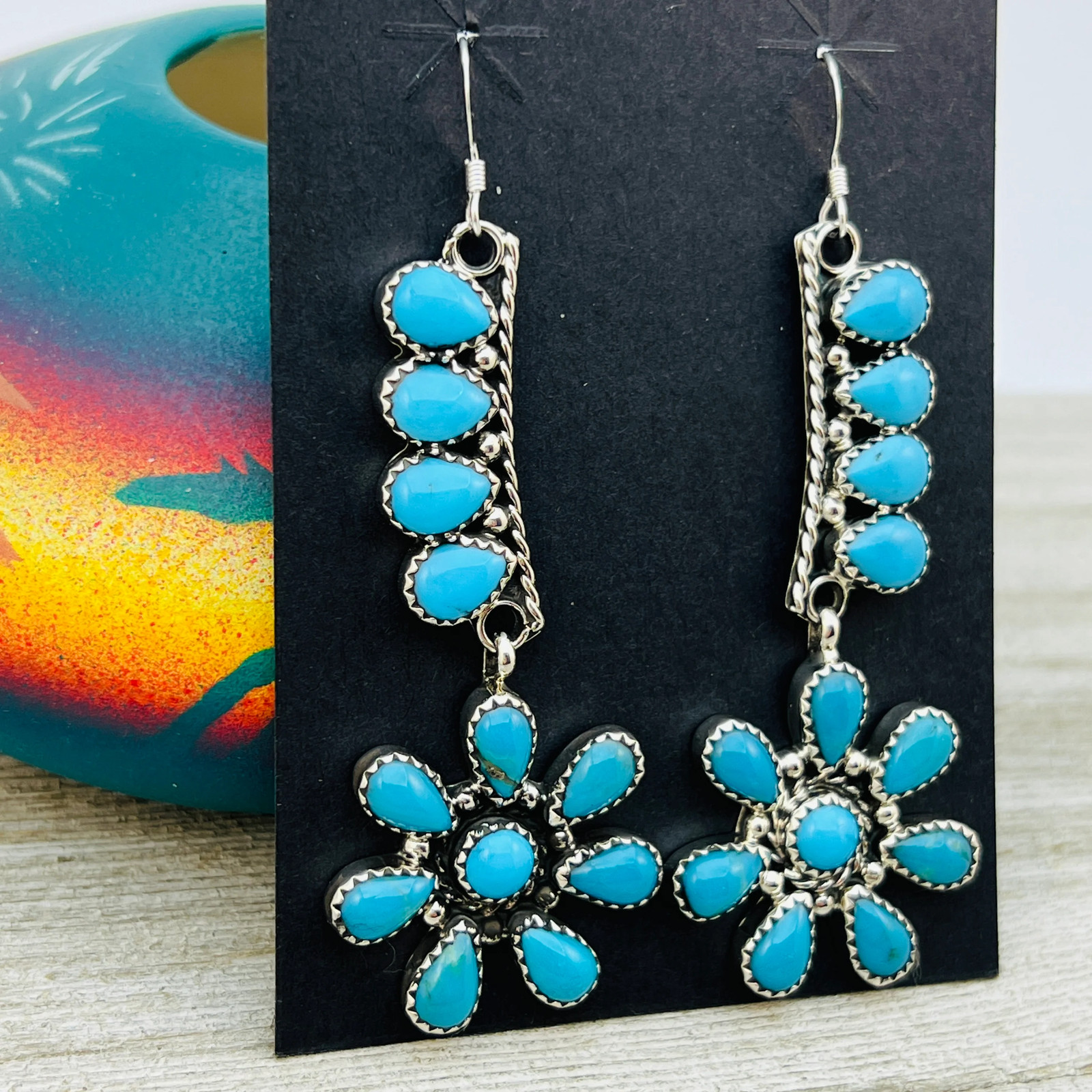 Turquoise cluster earrings sterling silver Evangeline Perry Navajo handmade ER31
