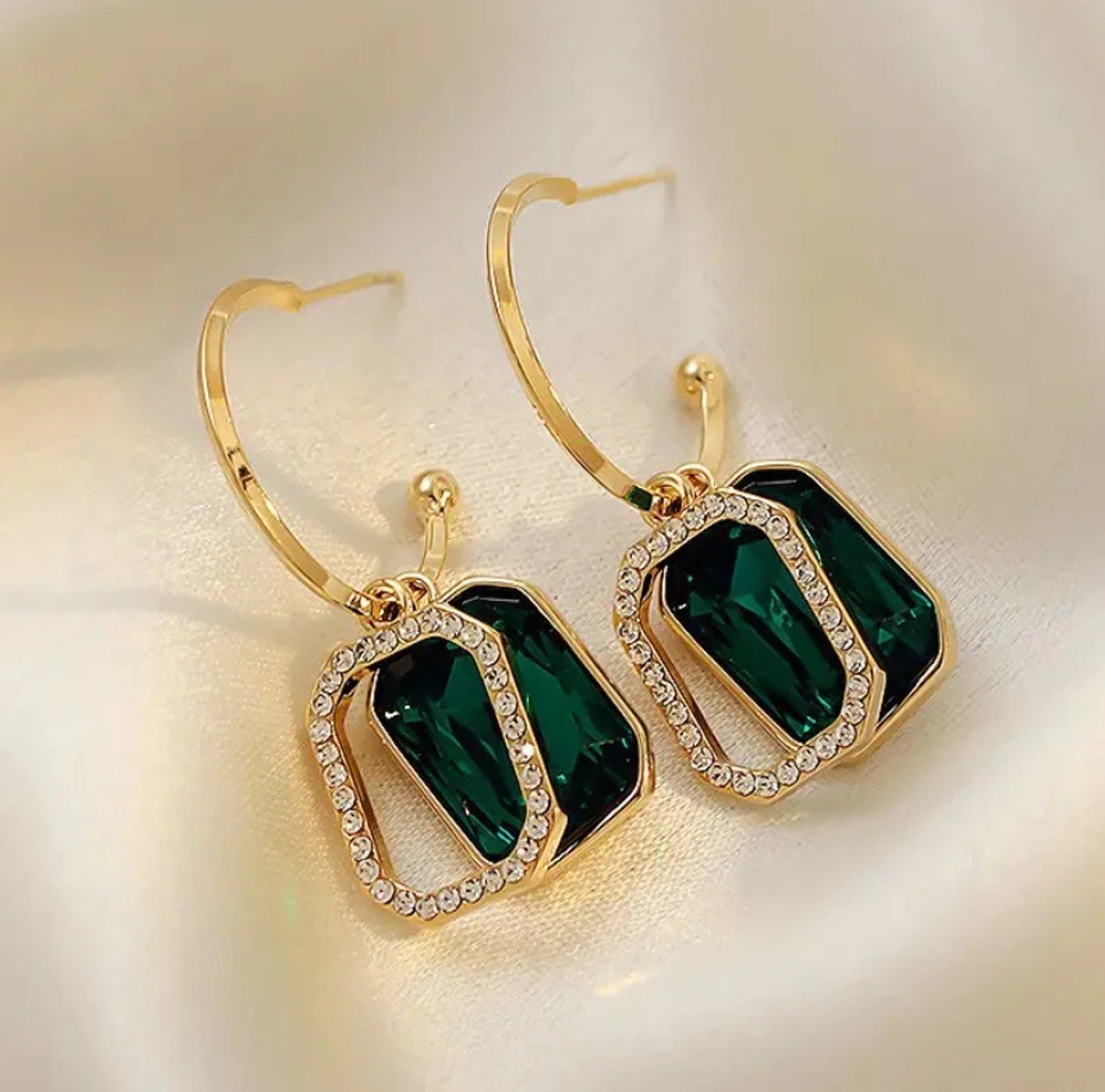 Art Deco Emerald Brass Hoop Earrings, Lab Created Gemstone, Women Girls WEDDING