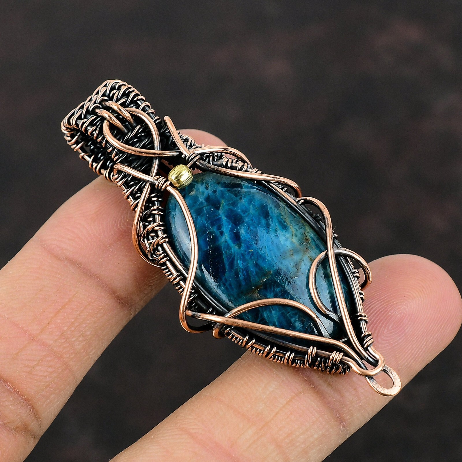 Neon Apatite Wire Wrapped Pendant Handcrafted Copper Unique Jewelry 2.56″