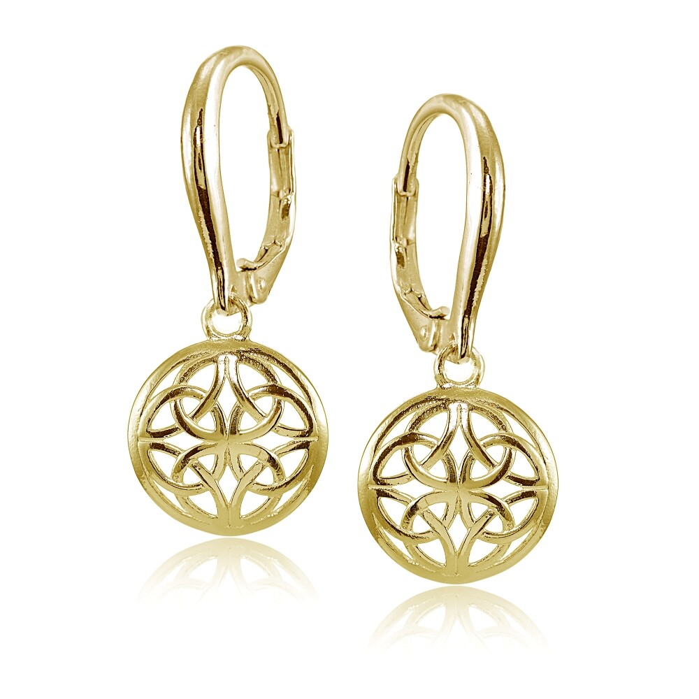 Yellow Gold Flashed 925 Silver Polished Filigree Round Dangle Leverback Earrings