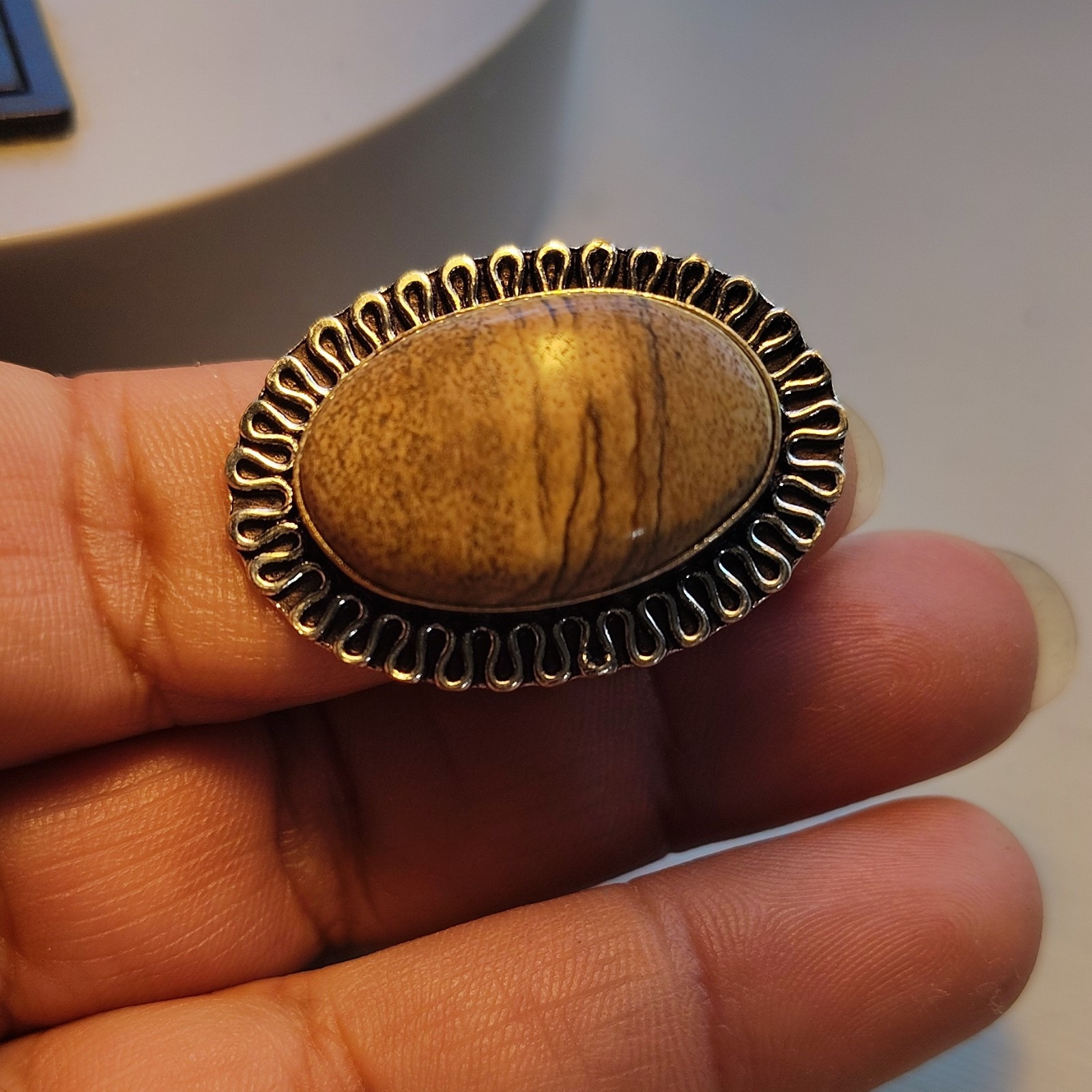 Silver Oval Brown Stone Bezel Set Statement Ring Signed