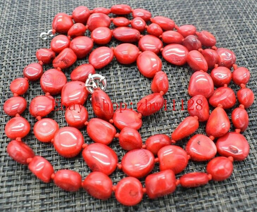 Fashion Natural 8-10mm Irregular Red Coral Gemstone Necklace 36″