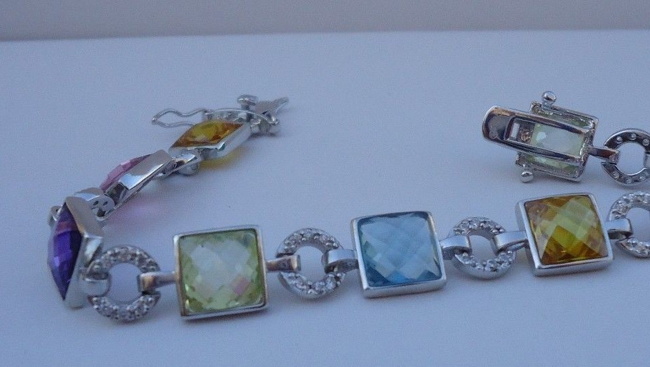STERLING SILVER BRACELET 28ct MULTI-COLOR GEMSTONES/ LAB CREATED DIAMOND/ 7.5”