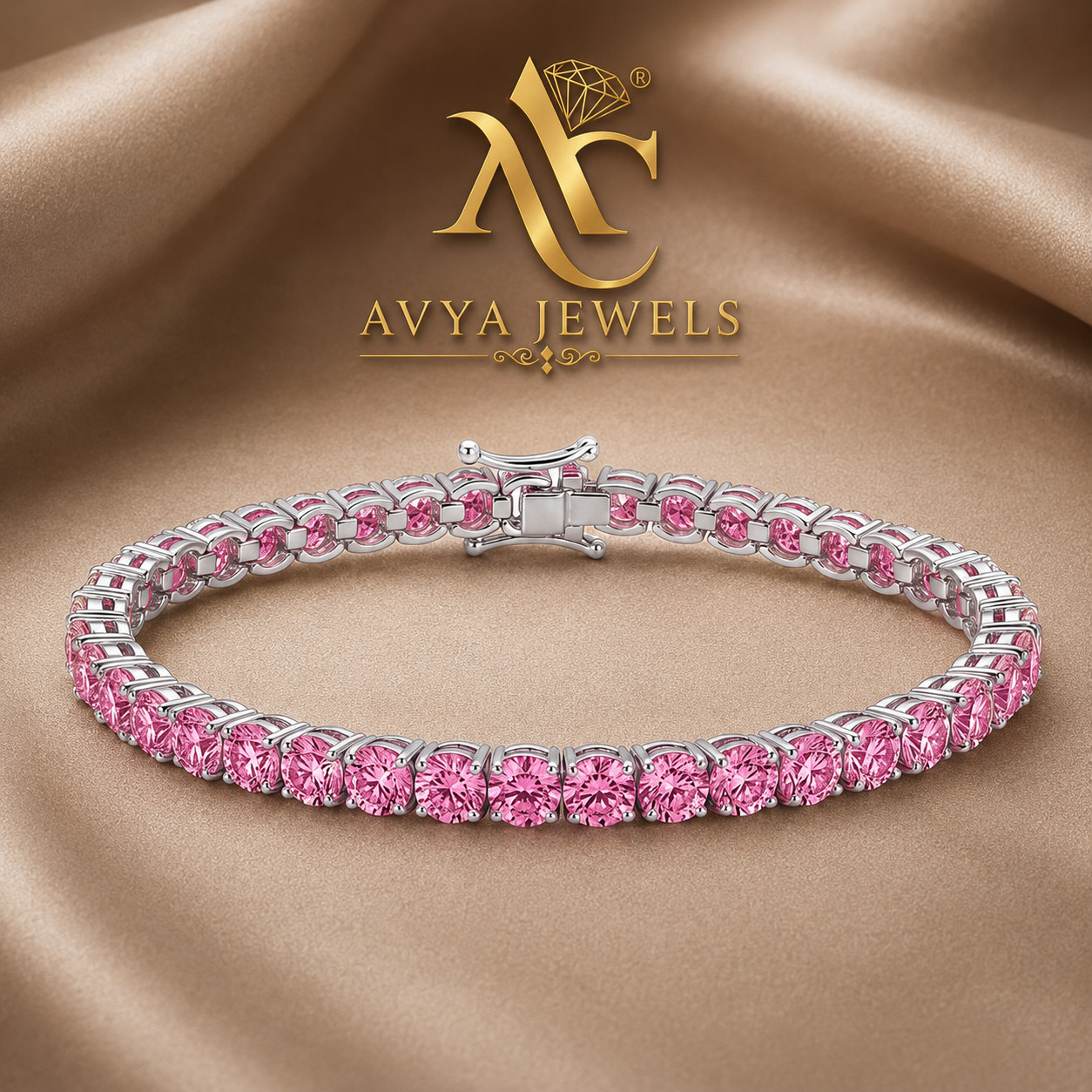 5MM Round LabCreted Pink Sapphire Tennis Bracelet 925Silver 14k WhiteGold Plated