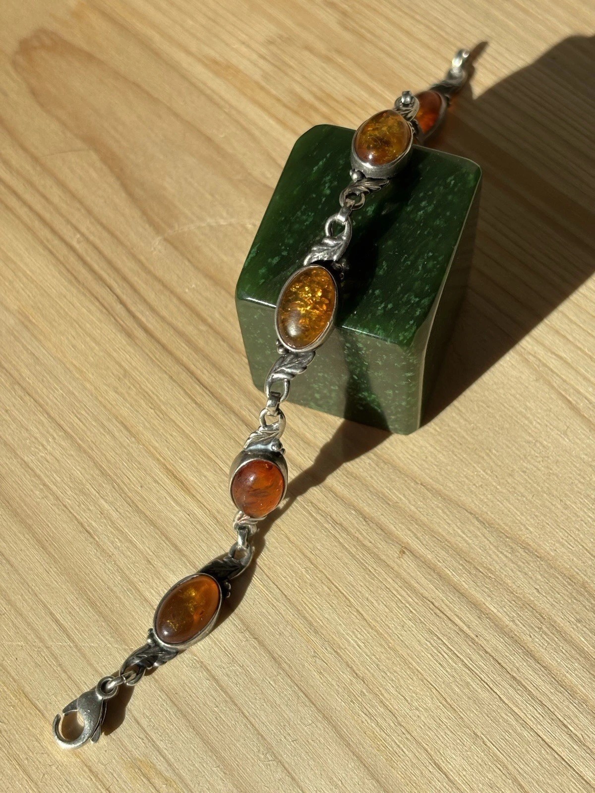 Vtg 925 Sterling Oval Cognac Amber Stones Link Leaf Chain Bracelet 7 Inches 10g