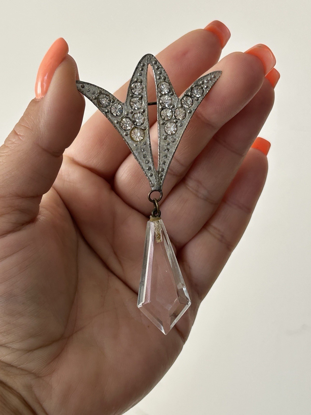 Vintage Art Deco Pot Metal Rhinestone Brooch with Faceted Glass Crystal Drop 3”