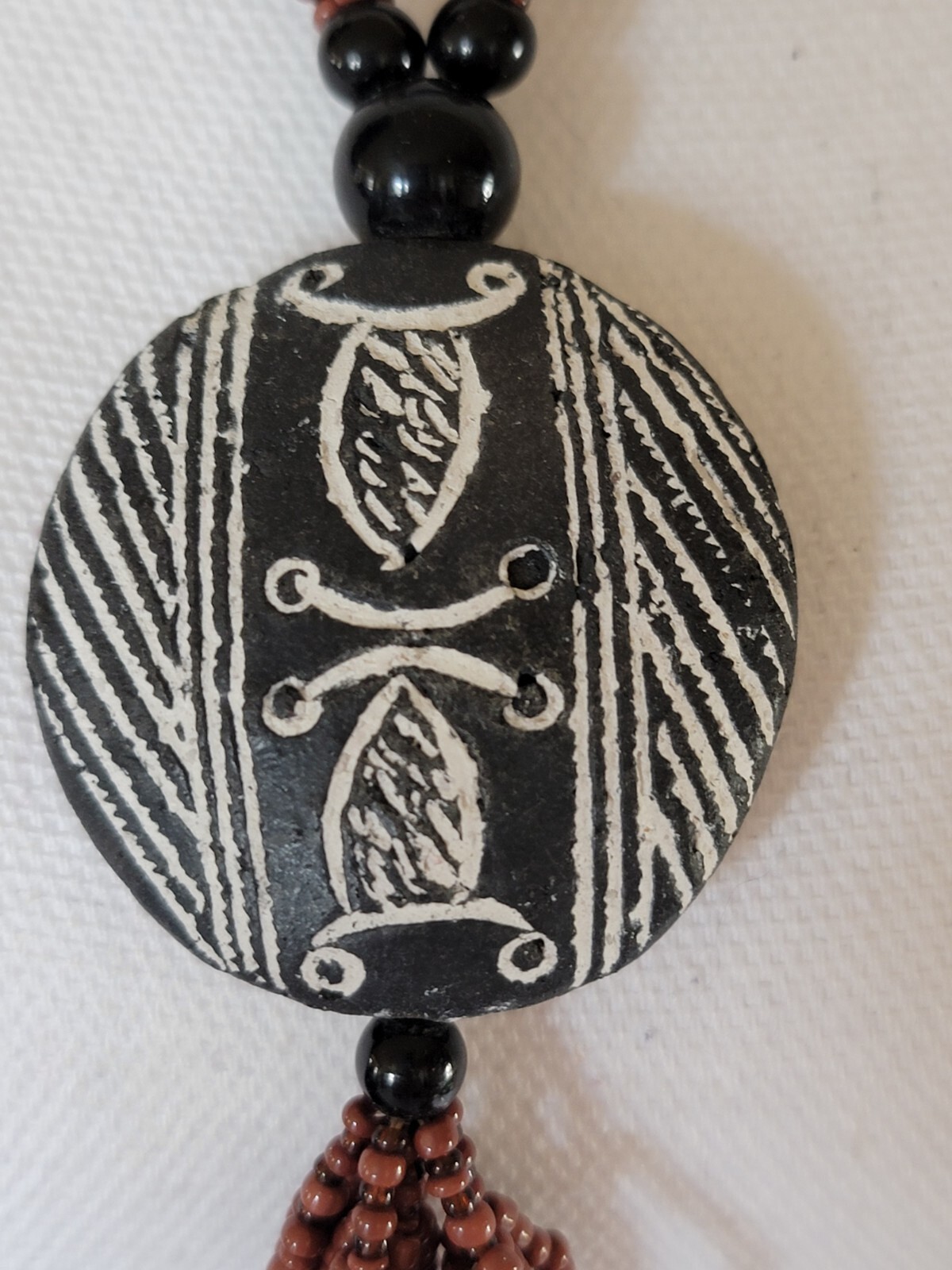 Vintage African Terracotta Pendant Necklace Beaded Handmade Brown Black & White
