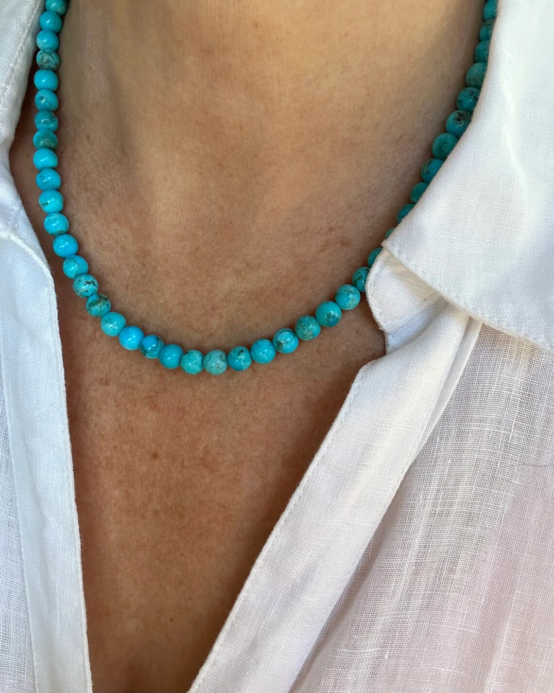 Soft Sky Blue Kingman Arizona Turquoise Necklace, 6mm Round Gemstone Choker