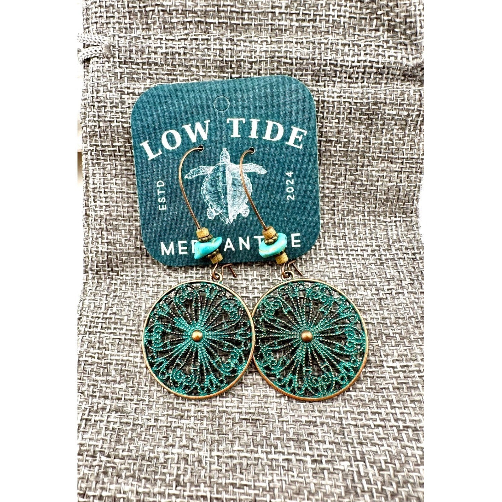 Boho Turquoise Blue Wagon Wheel Patina Copper Alloy Earrings