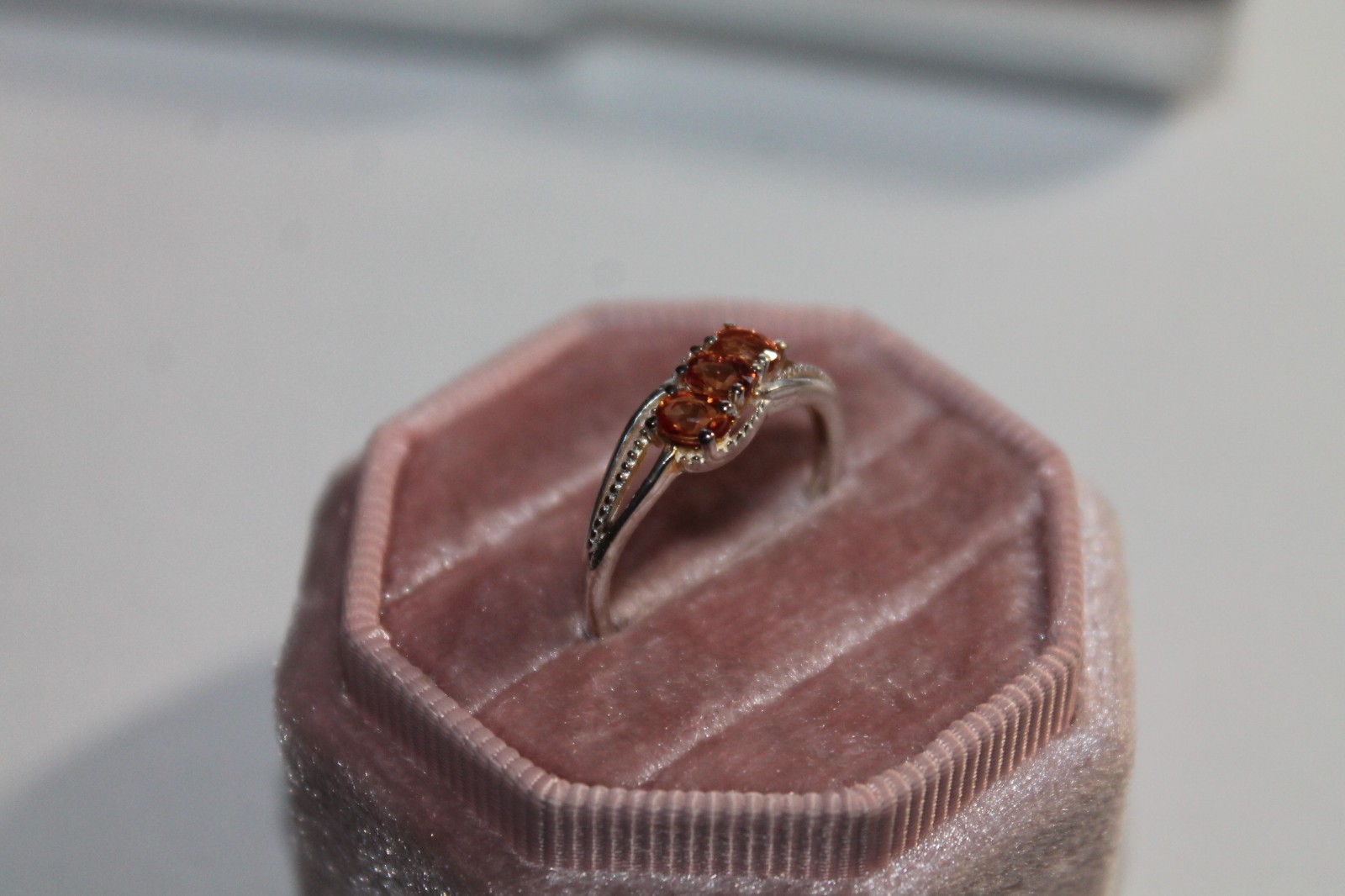 3-stone Oval Orange Sapphire 925 Silver ring size 7 by: STS Karis