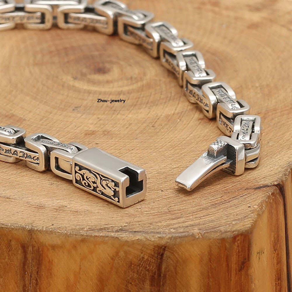 Pure S925 Sterling Silver Chain 5mm Dragon Byzantine Link Bracelet 7.1-7.9inch