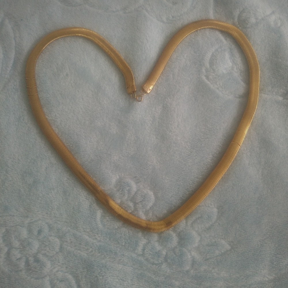 Vintage Gold Tone Wide Omega Herringbone Chain Necklace, Liquid Gold Snake Stran
