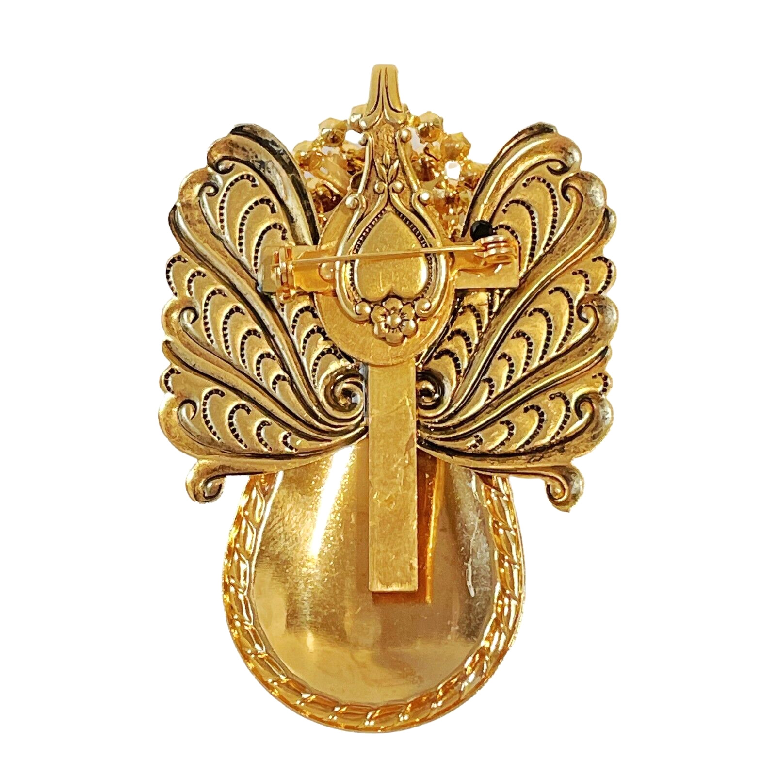 Large Artisan Angel Brooch Pendant – Rhinestone Head – Wings Bow w/ Hidden Cross