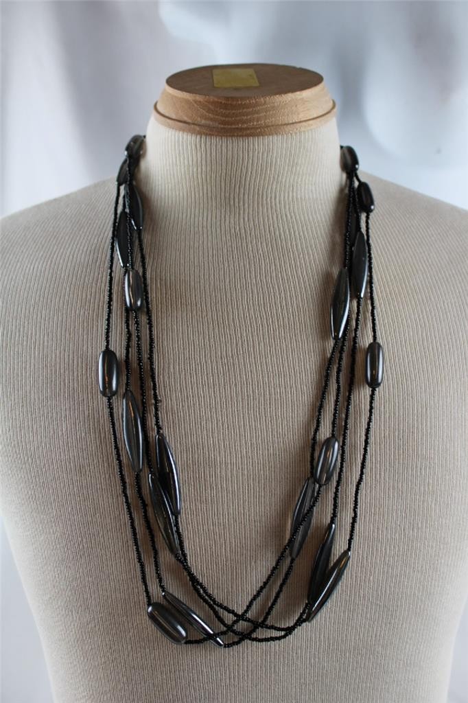 30″TRIBAL BLACK OBLONG BEAD NECKLACE,AFRICAN INSPIRED,SEMI TRANSPARENT,SEED BEAD