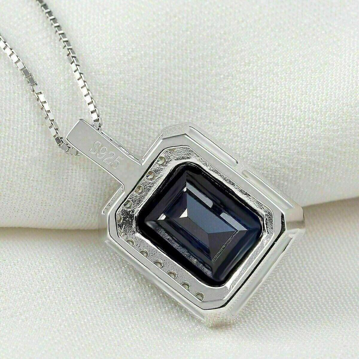 Sterling Silver Sapphire Blue Emerald-Cut Halo Pendant Necklace for Womens
