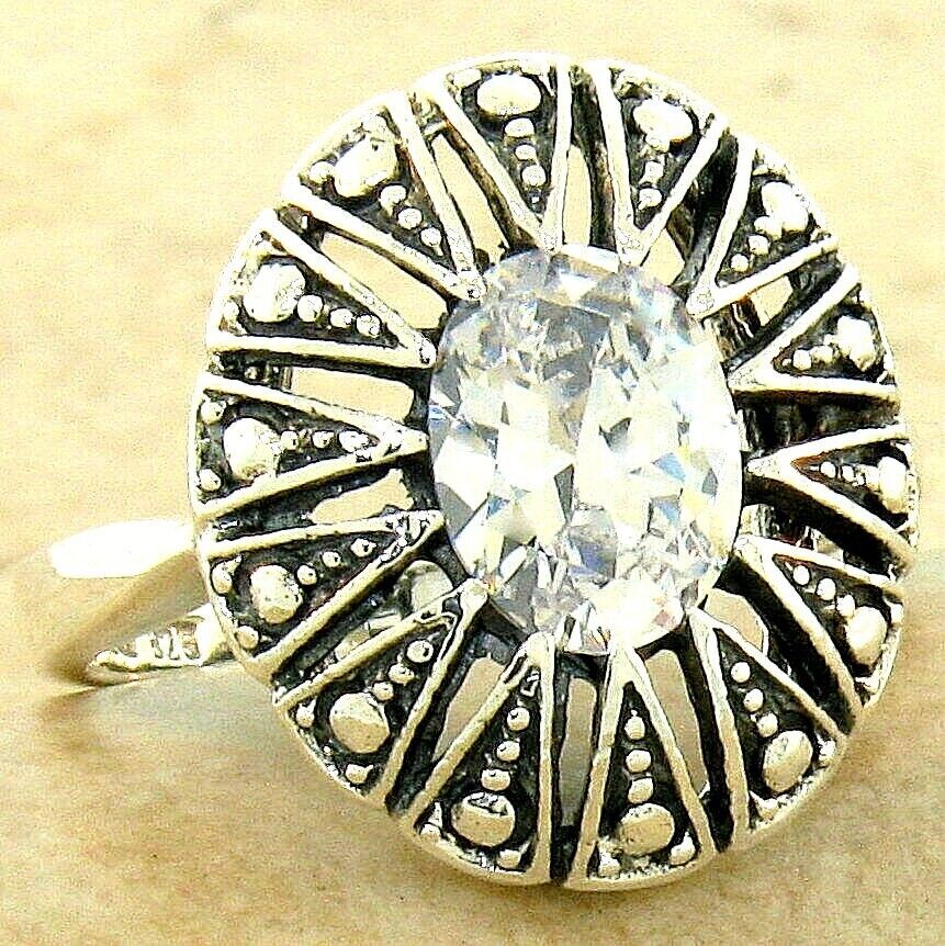 ANTIQUE STYLE 925 SOLID STERLING SILVER CUBIC ZIRCONIA FILIGREE RING #1046