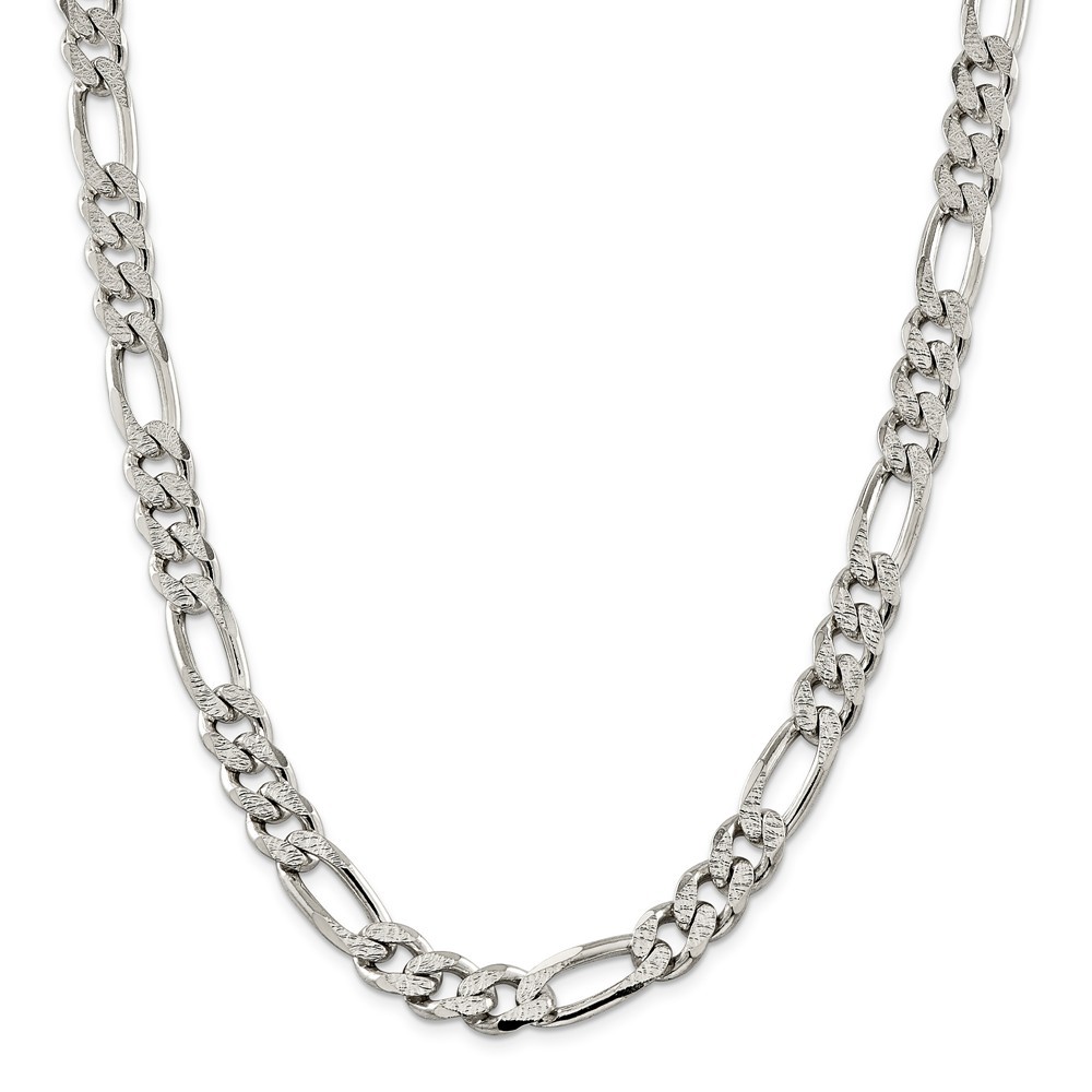 Sterling Silver 10.5mm Pave Flat Figaro Link Chain w/ Lobster Clasp 22″ – 26″