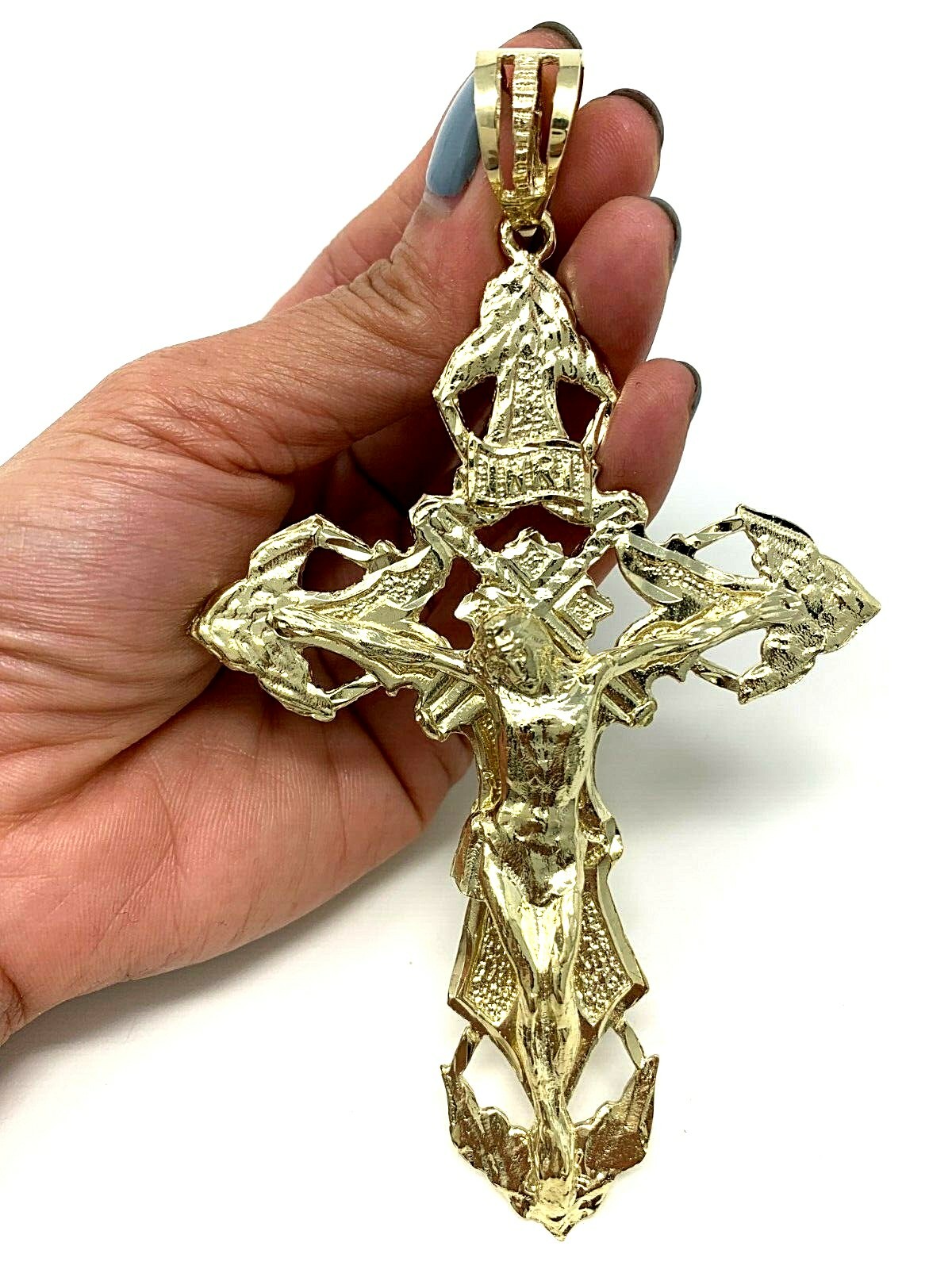 10k Yellow Gold Religious INRI Jesus Christ 3D Big Cross Pendant 5.25″- 45 grams