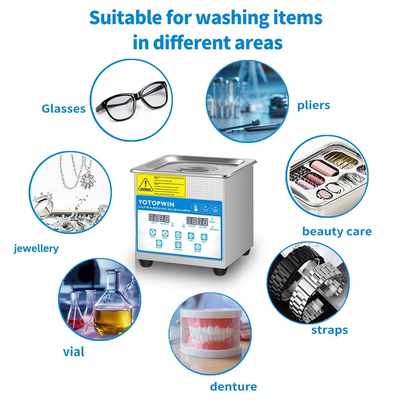 Ultrasonic Cleaner 1.3L Stainless Steel Heated Machine for Jewelry, Glasses, Den