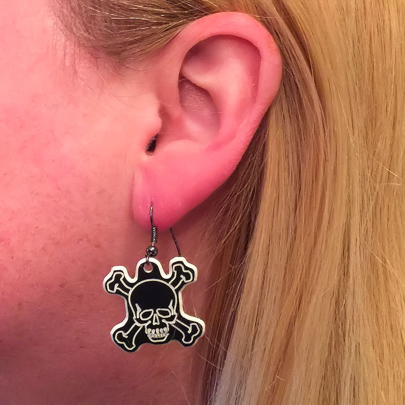 SKULL EARRINGS – Plastic Dangle 1 Inch Crossbones Made In USA – 10 Color Options