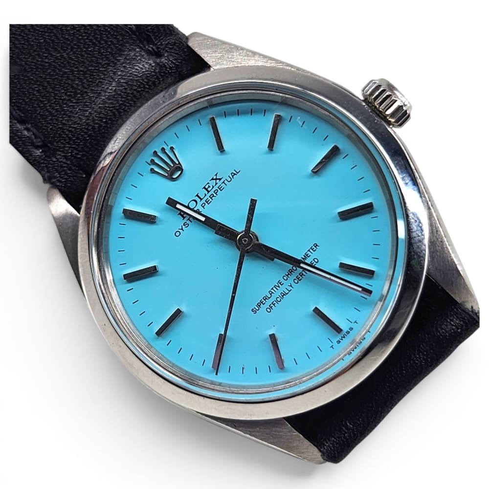 Rolex Oyster Perpetual 34mm Blue Turquoise Steel Automatic Watch 5500 Circa 1974