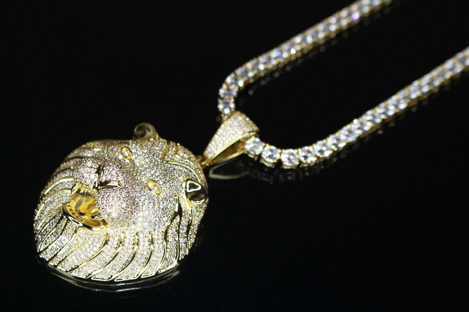 XL Lion Head Pendant 5mm Tennis Chain Necklace 112.6ct Lab Sim VVS1 Diamond Gold