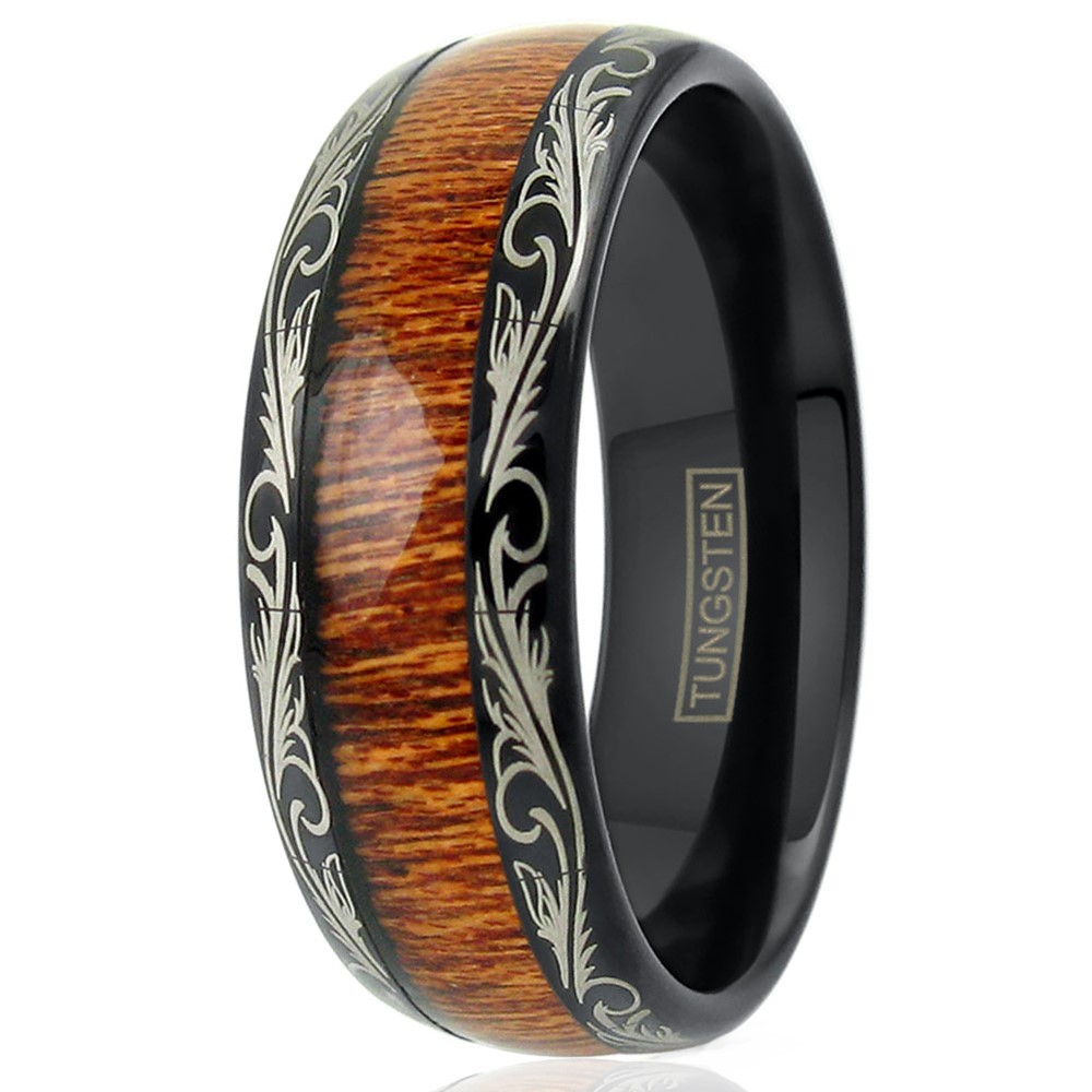 Men’s Tungsten Ring 8mm Black w/ Wood Grain Leaf Edge Wedding Band