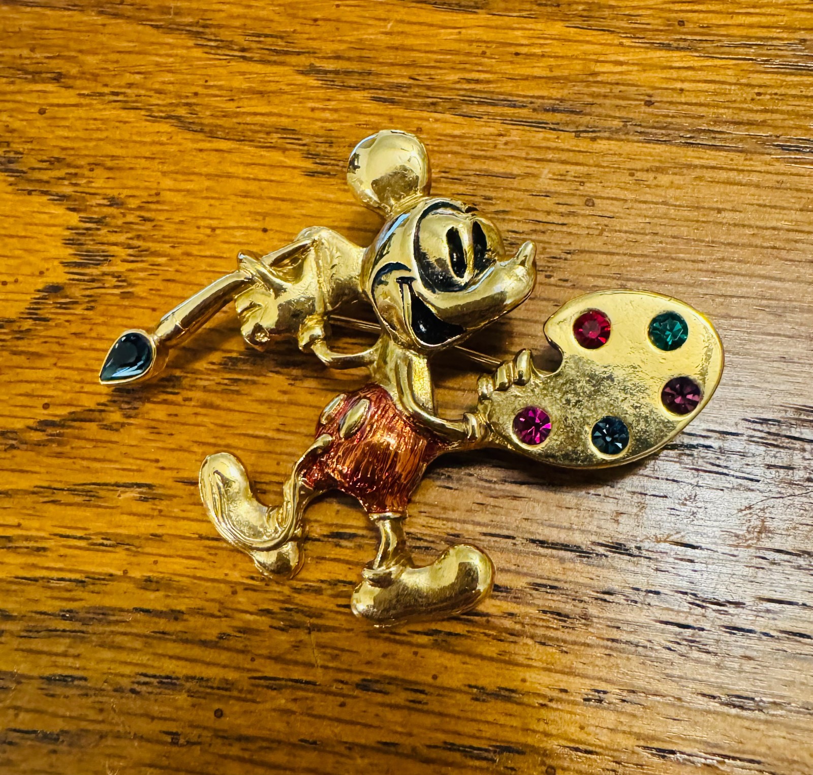 Vintage Disney Mickey Mouse Artist Painter Brooch Pin Gold Tone Rhinestone Palet